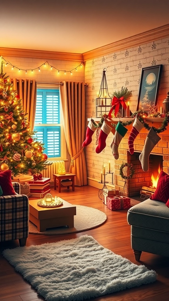 A cozy Christmas living room with a decorated tree, stockings, and a fireplace.